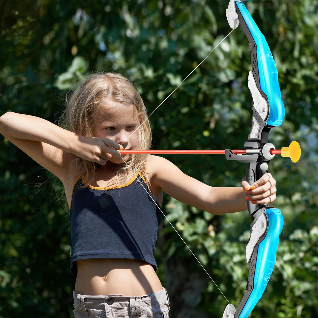 TEMI Juego de arco y flecha para niños, juego de juguetes de tiro con arco, luz LED con flechas de ventosa, objetivo y carcaj, juguetes de interior y exterior para niños y niñas