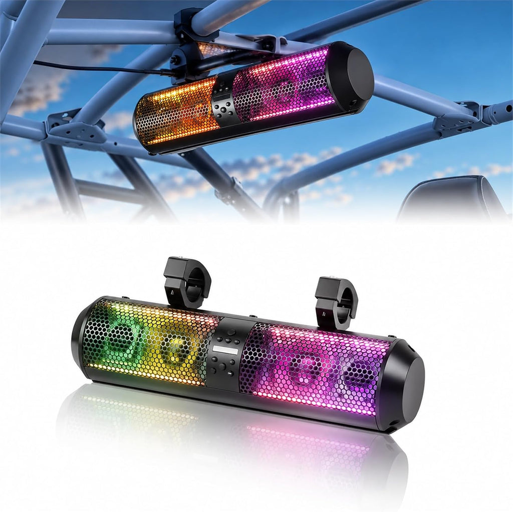 KEMIMOTO Barra de sonido UTV de 18 pulgadas, altavoz SXS RGB, control inalámbrico, Bluetooth, compatible con 2 tweeter y 2 subwoofers compatible con Polaris Can am Talon CForce, para jaula de rollo de
