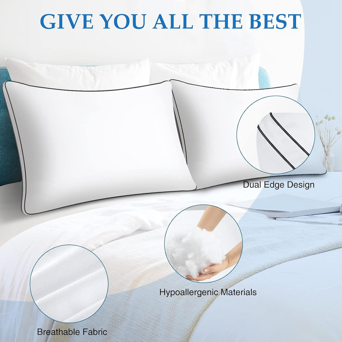 DolceLuna Juego de 2 almohadas tamaño King, almohada de cama de lujo para