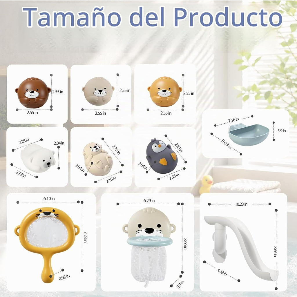 Juguetes de baño para mayores de 3 años, sin agujero, 6 animales marinos flotantes con tobogán de agua, aro de baloncesto y red de atrapación, juguetes de bañera para niños y niñas, juguetes de agua