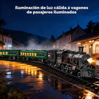 Juegos de tren eléctrico para niños, juguetes de tren de Navidad de aleación de metal, locomotora de vapor, vagones de pasajeros brillantes, pistas de lujo, luz y sonidos, regalos de cumpleaños recargables para niños y niñas, rojo y verde