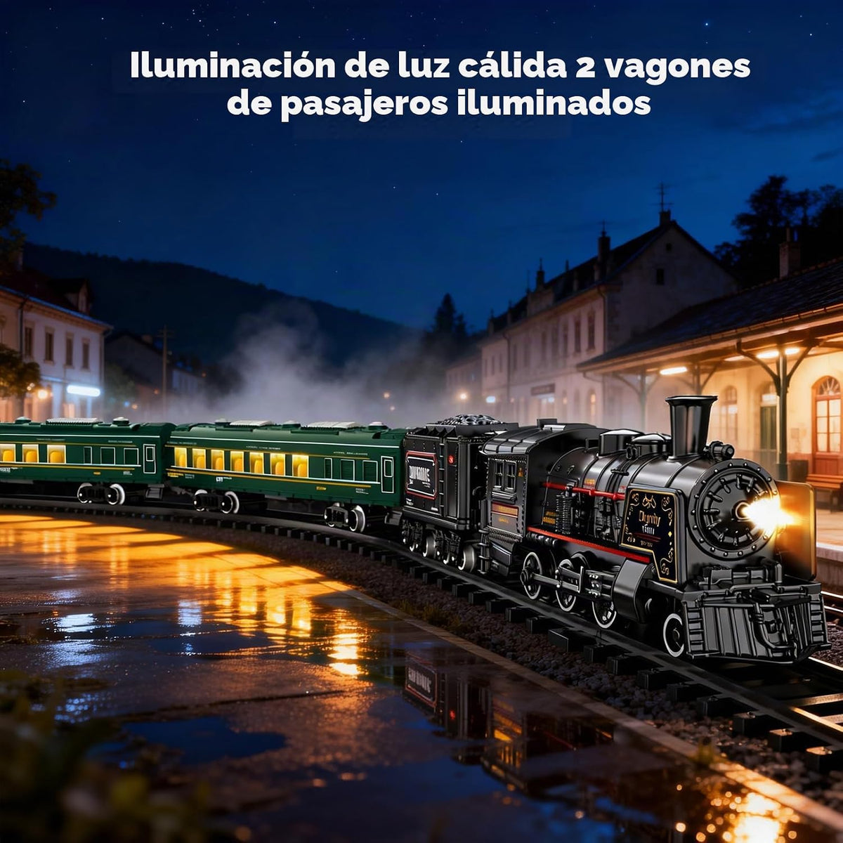Juegos de tren eléctrico para niños, juguetes de tren de Navidad de aleación de metal, locomotora de vapor, vagones de pasajeros brillantes, pistas de lujo, luz y sonidos, regalos de cumpleaños recargables para niños y niñas, rojo y verde
