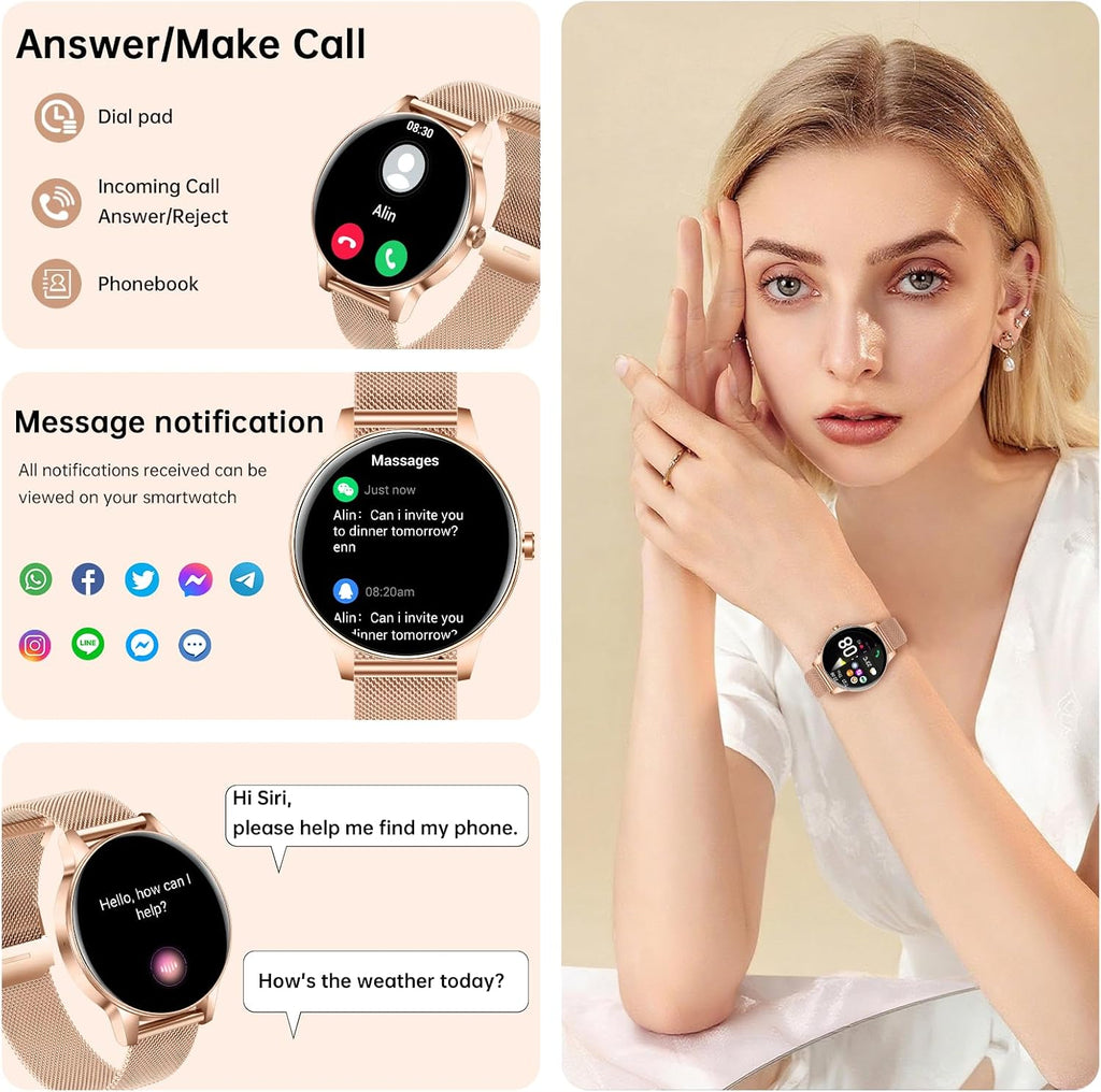 Reloj inteligente para mujer (respuesta/hacer llamadas), pantalla HD de 1.27 pulgadas con monitor de frecuencia cardíaca/sueño, más de 130 modos deportivos IP68 impermeable seguimiento de actividad