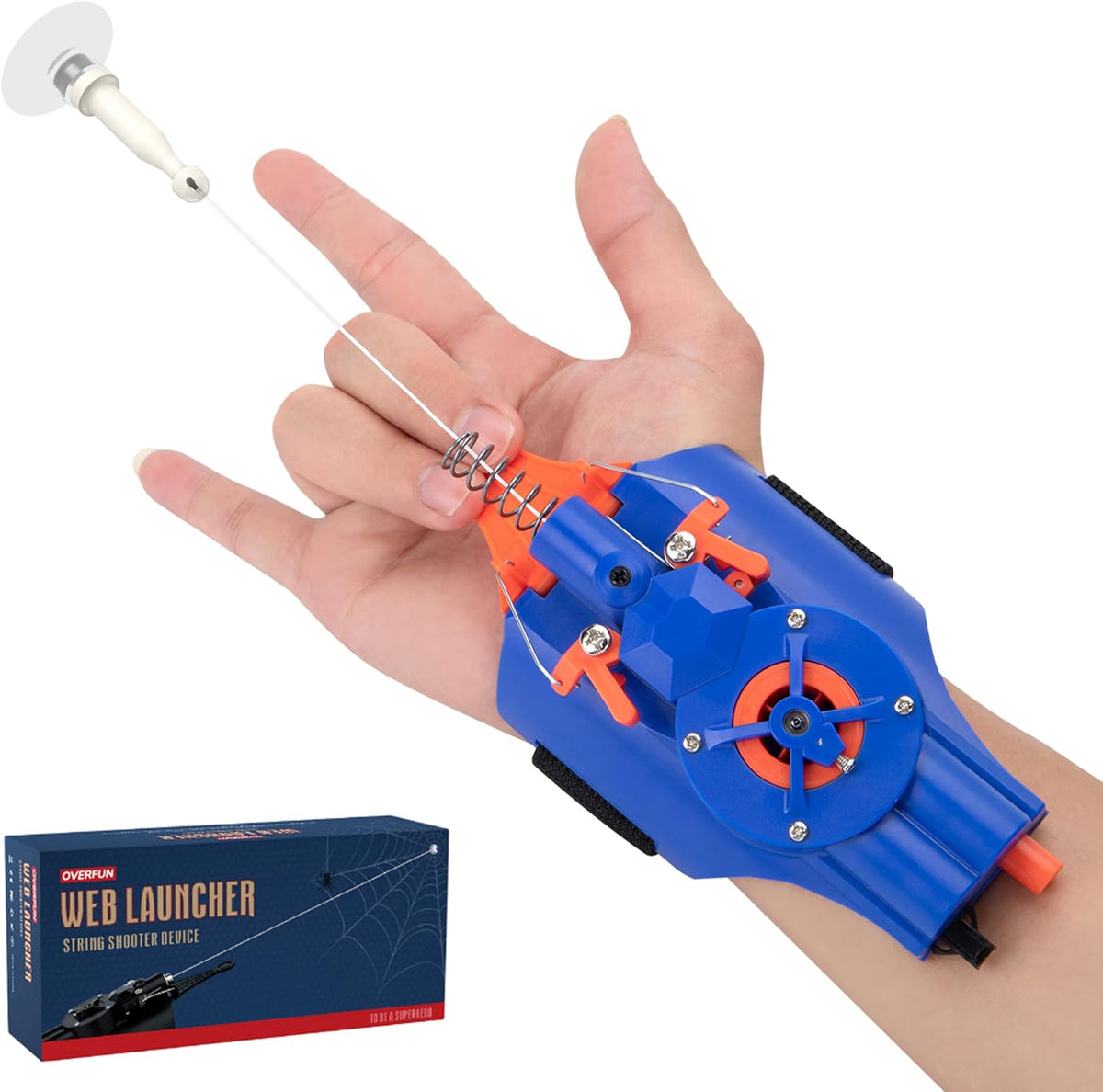 OVERFUN - Juguete disparador de telaraña, con cuerda de seda real y carrete eléctrico [rango de 8 pies], para juego de roles de superhéroe, para hombres y niños (azul)