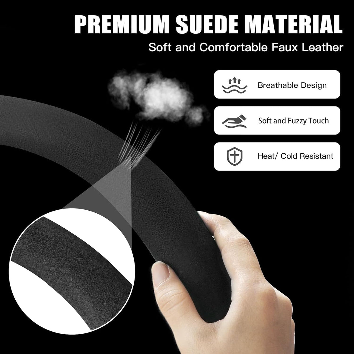 Funda para volante de gamuza con anillo interior de silicona mejorado, transpirable, antideslizante, cuero universal para volante de 14.5 a 15 pulgadas (negro con marca roja)