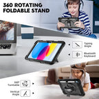 BMOUO Funda para iPad (A16) 11ª generación de 11 pulgadas 2025/iPad de 10.9 pulgadas 2022, soporte giratorio 360 y soporte para lápices y correa de mano y hombro a prueba de golpes, funda para iPad de