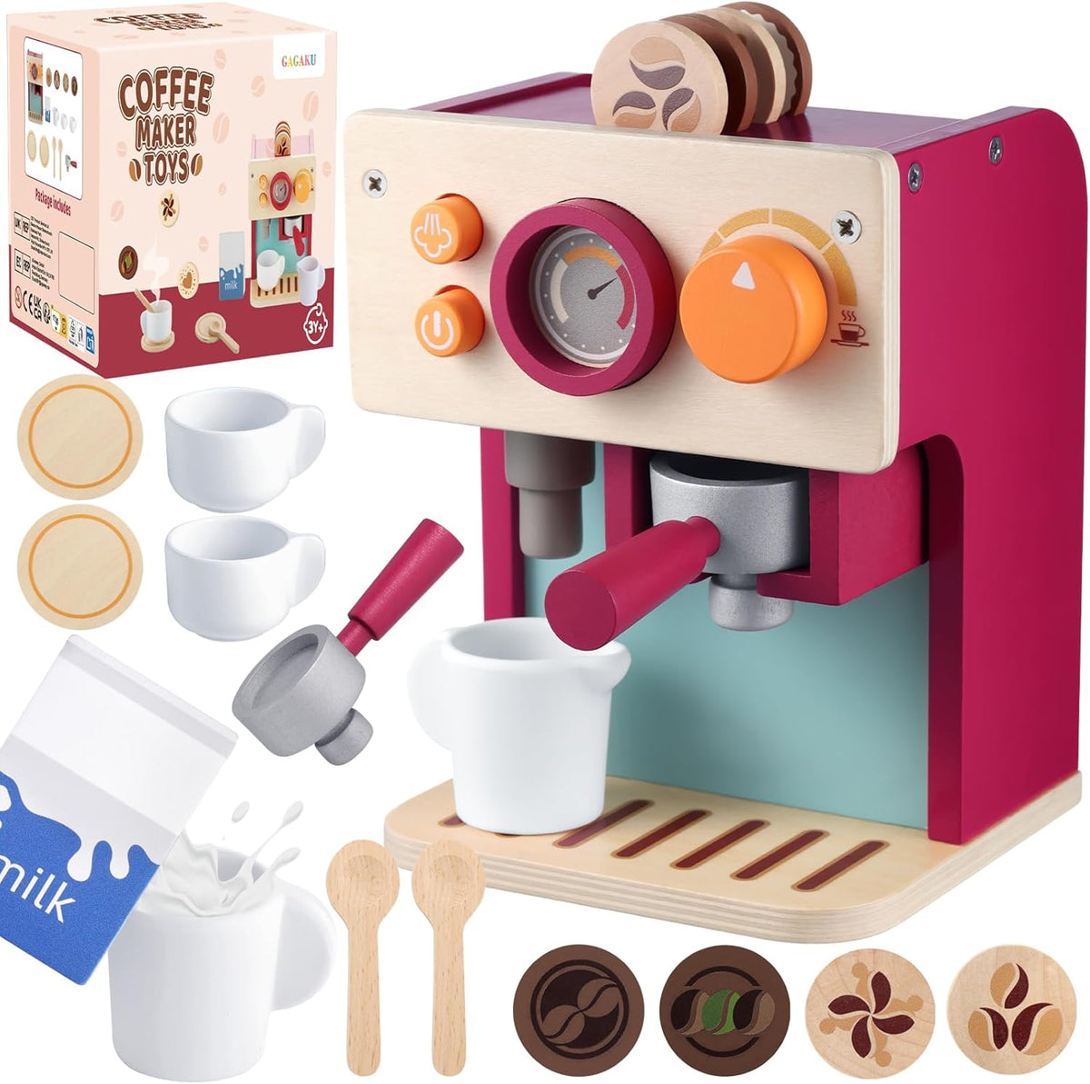 GAGAKU Máquina de café de madera para niños pequeños, juguetes de aprendizaje Montessori para niñas y niños de 3, 4, 5 años, accesorios de cocina realistas con máquina de café expreso y juego de arte con leche