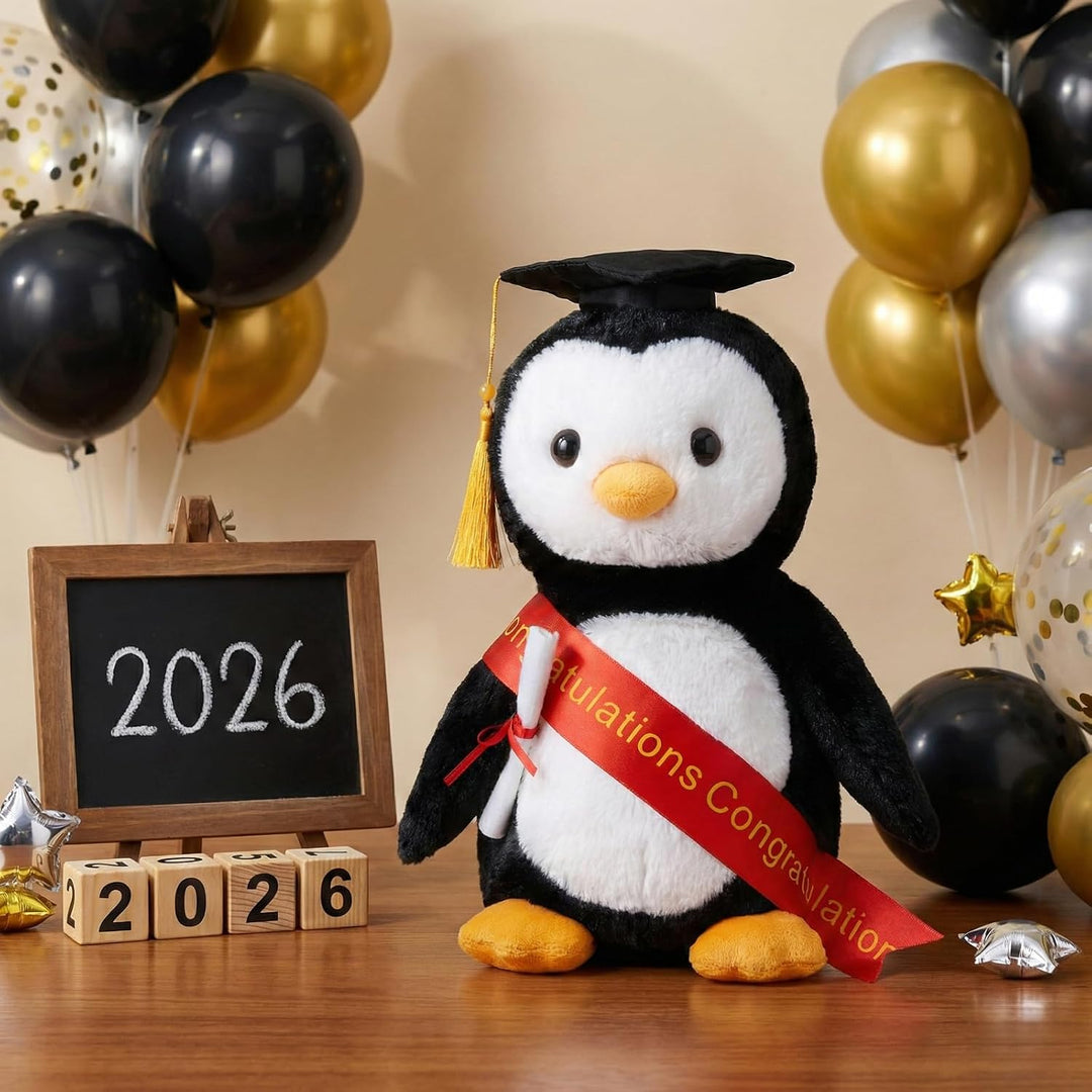 WEIGEDU Pingüino de peluche con graduación doctoral Tam Velvet Gold...