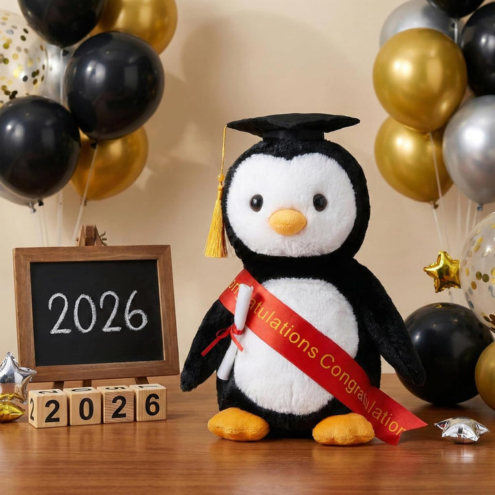 WEIGEDU Pingüino de peluche con graduación doctoral Tam Velvet Gold...