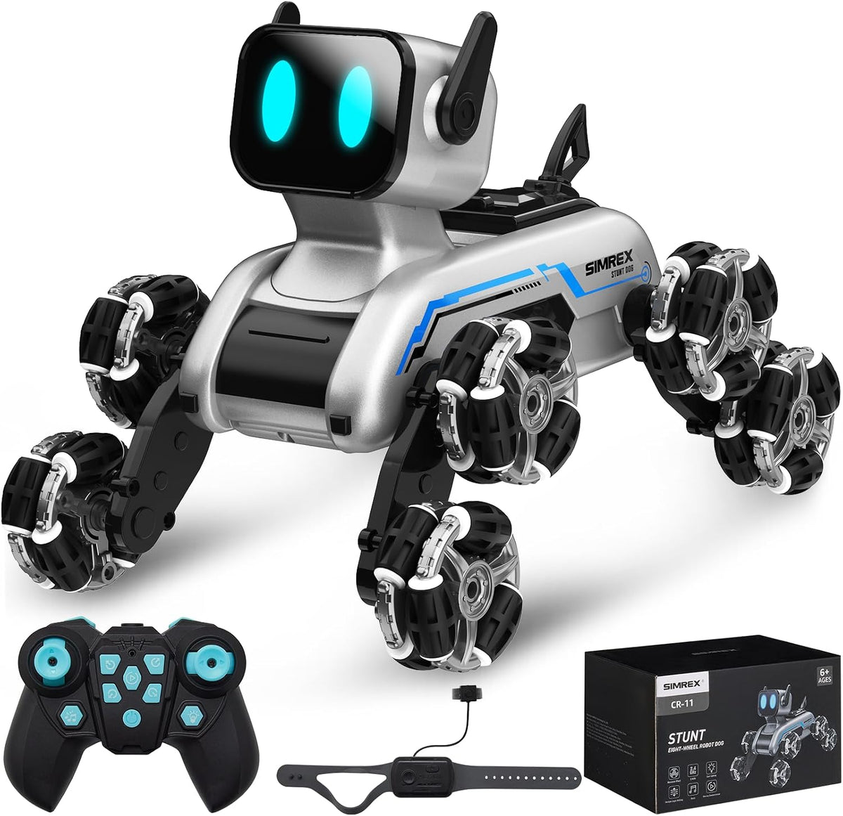 SIMREX Robot Perro RC Coche de Acrobacias Juguetes - Coche de control remoto con detección de gestos con ruedas Mecanum, ojos LED, 3 efectos de sonido, regalo de cumpleaños para niños niños y niñas