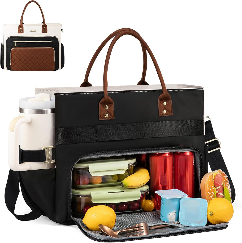 LOVEVOOK Bolsa de almuerzo para mujer, bolsa de trabajo 3 en 1 con compartimento de almuerzo aislado y portavasos grande de 40 onzas y múltiples bolsillos, bolsa para laptop de 15.6 pulgadas para