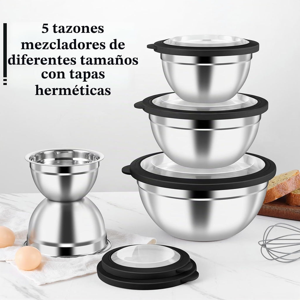 P&P CHEF - Juego de tazones de metal con tapas, tapas herméticas visibles y color negro