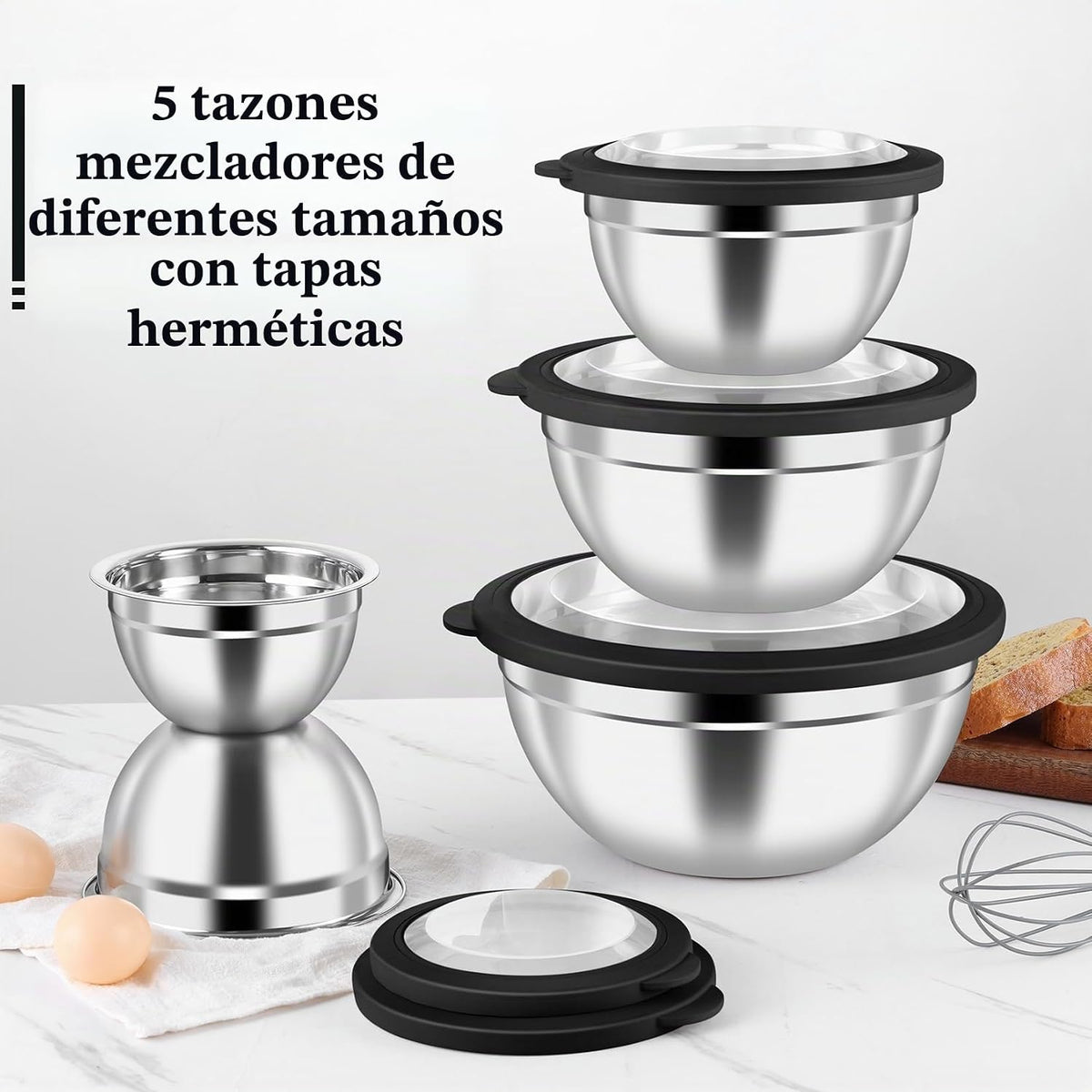 P&P CHEF - Juego de tazones de metal con tapas, tapas herméticas visibles y color negro