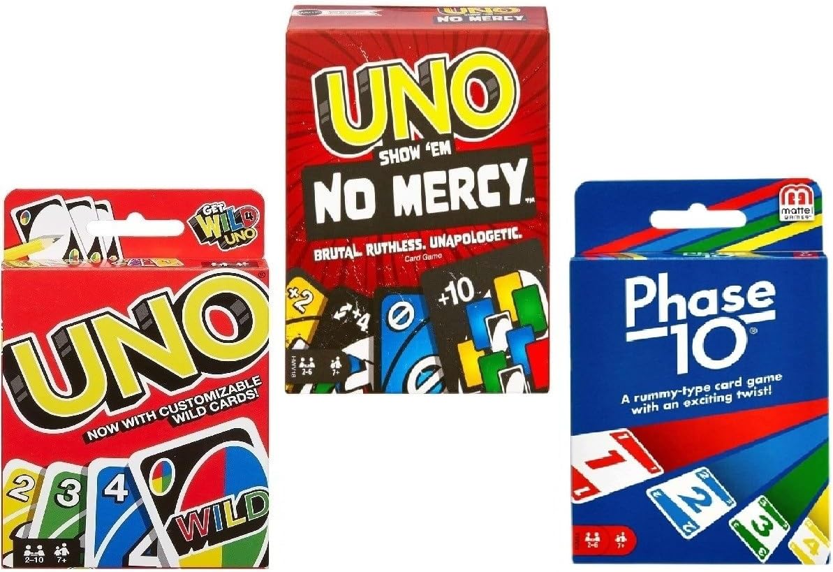 Mattel Juego de cartas Uno No Mercy, Uno y Phase 10, paquete combinado de 3