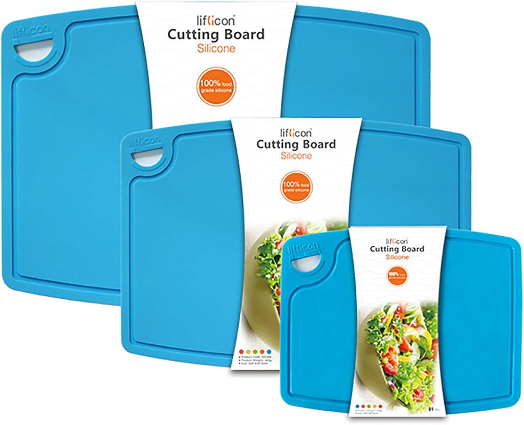 Juego de 3 alfombrillas gruesas de silicona para tablas de cortar, diseño plegable y flexible, ranuras para jugos, mango de fácil agarre, apto para lavavajillas, para cocina, sin BPA, azul