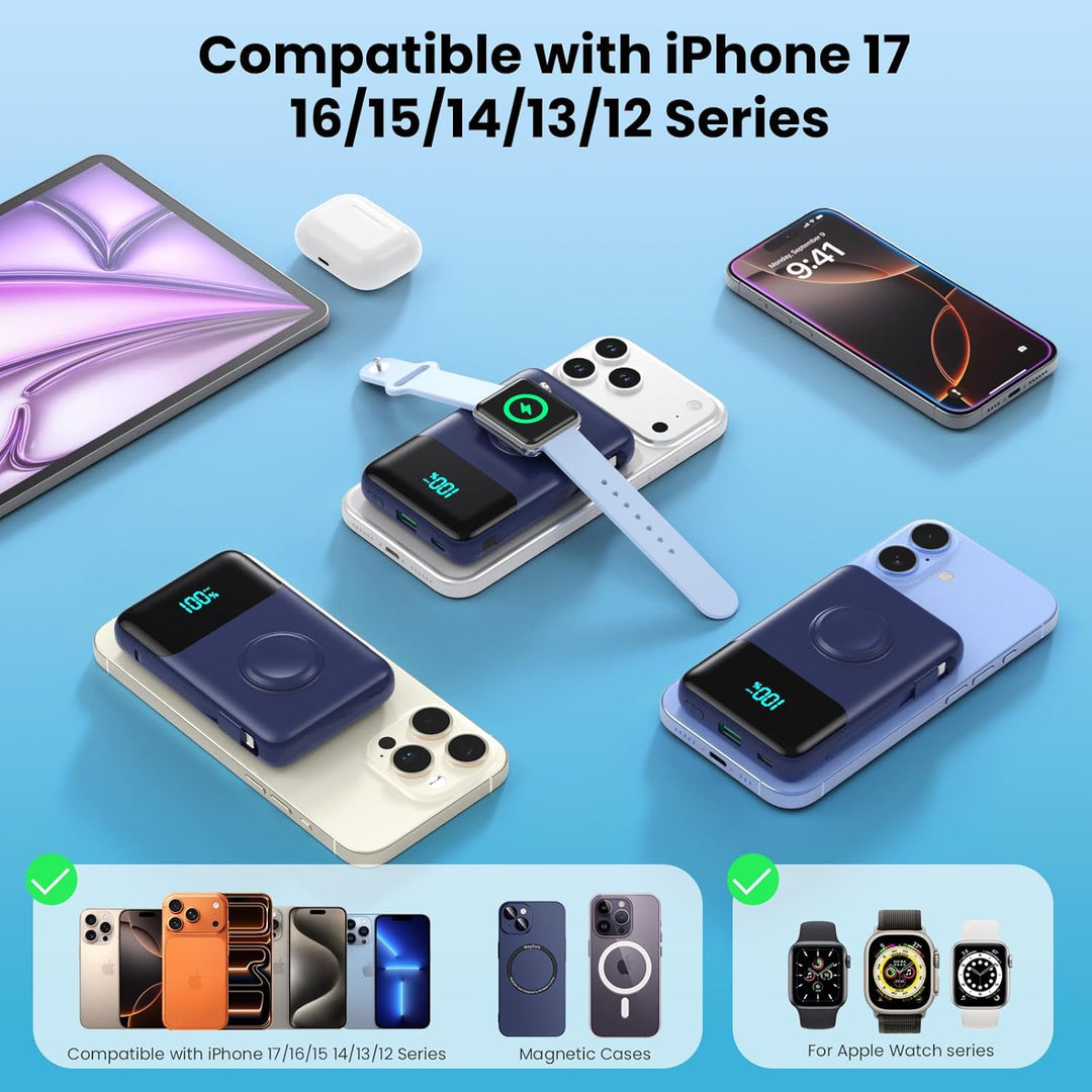 Cargador portátil magnético para iPhone con cable incorporado, banc...
