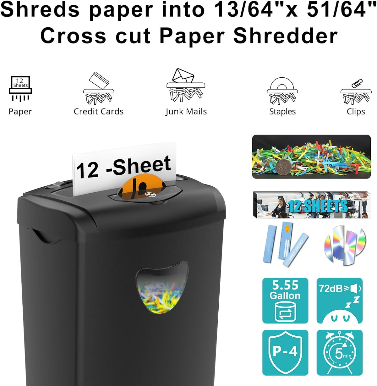 Trituradora de papel para el hogar, corte cruzado de 12 hojas, cesta de 5.55 galones, seguridad P-4, papel triturado, tarjetas, CD, grapas, clips, sistema a prueba de atascos para oficina en casa