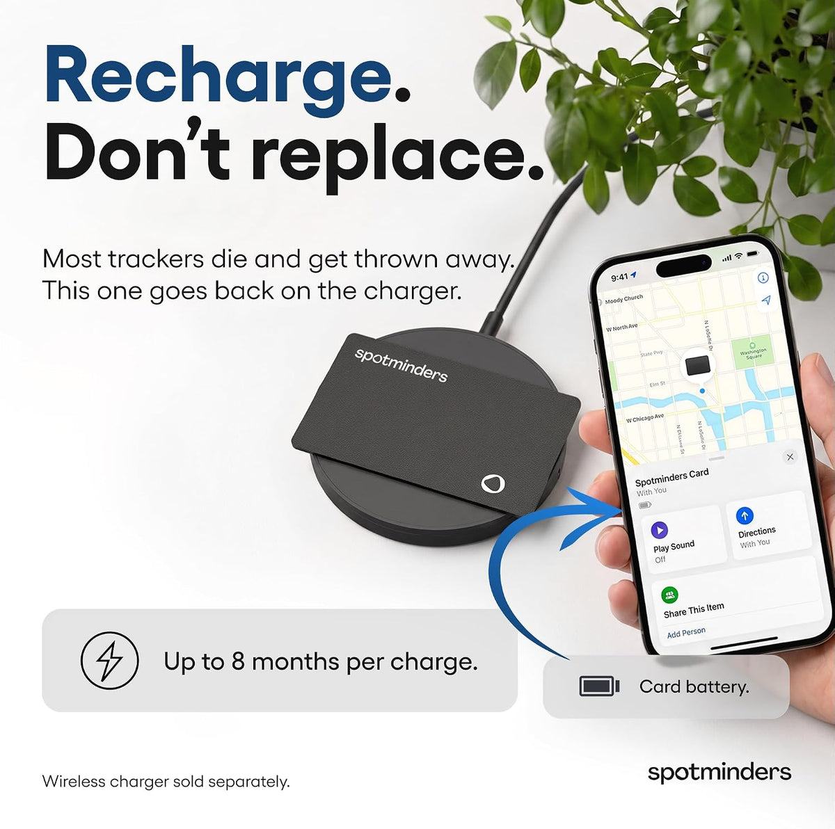 SPOTMINDERS - Tarjeta de seguimiento de billetera con certificación MFi de Apple para viajes, funciona con Apple Find My, IP68 impermeable, recargable, tarjeta de seguimiento para cartera, equipaje