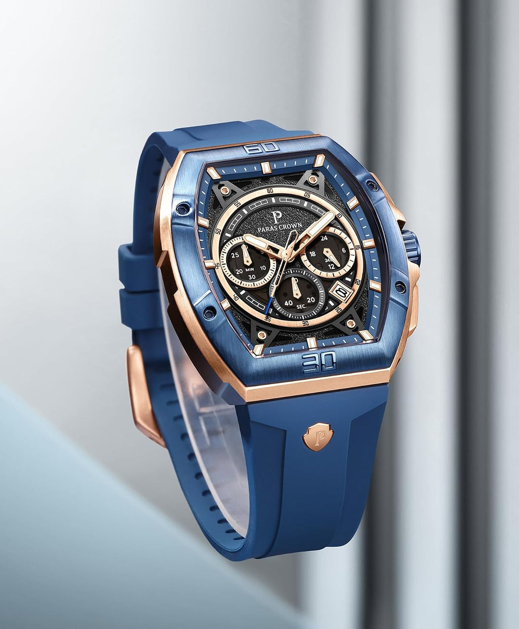 Paras Crown Relojes para Hombre Tonneau 5ATM Resistente al Agua Cuarzo Cronógrafo Analógico Reloj de Pulsera de Lujo para Hombre Caja de Acero Inoxidable Relojes de Hombre