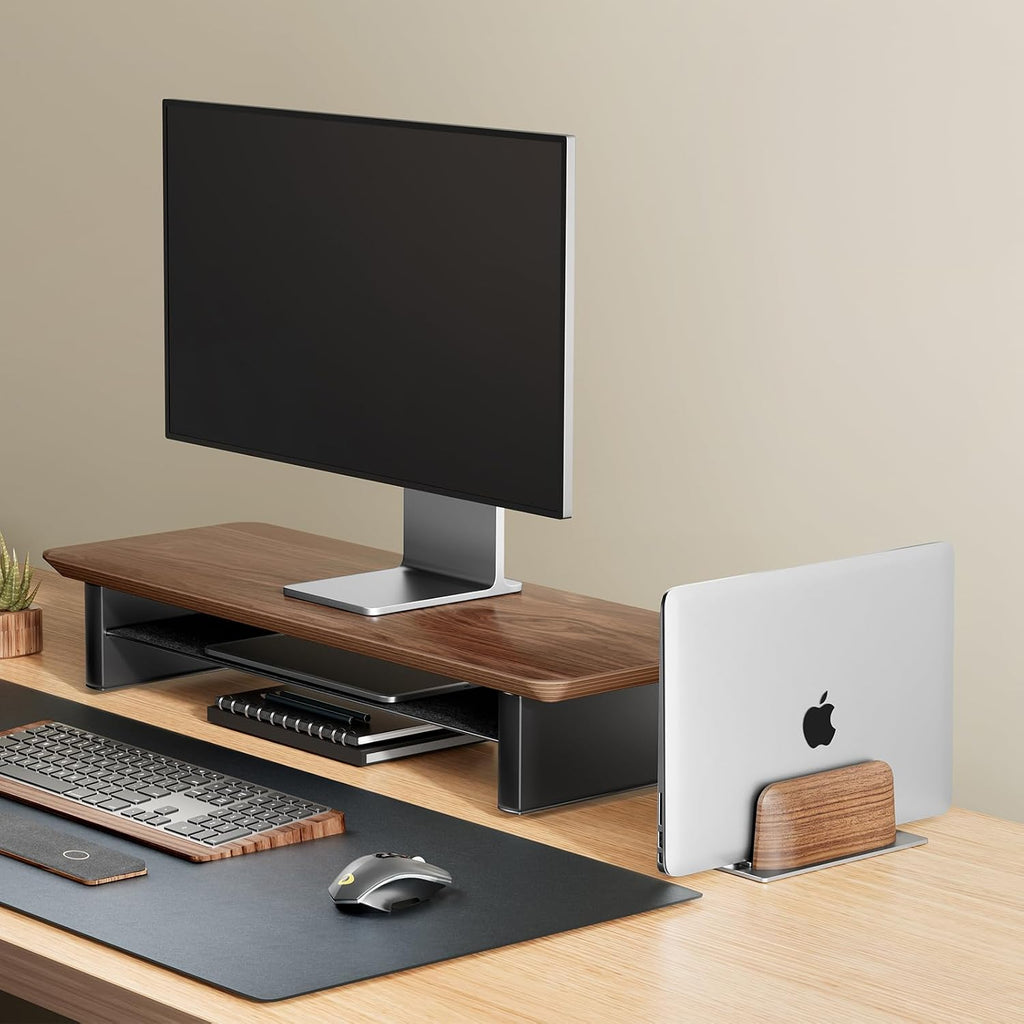 UPERGO Soporte vertical para computadora portátil, soporte para computadora portátil para acoplar MacBook, MacBook Pro y otras computadoras portátiles, madera de nogal negro