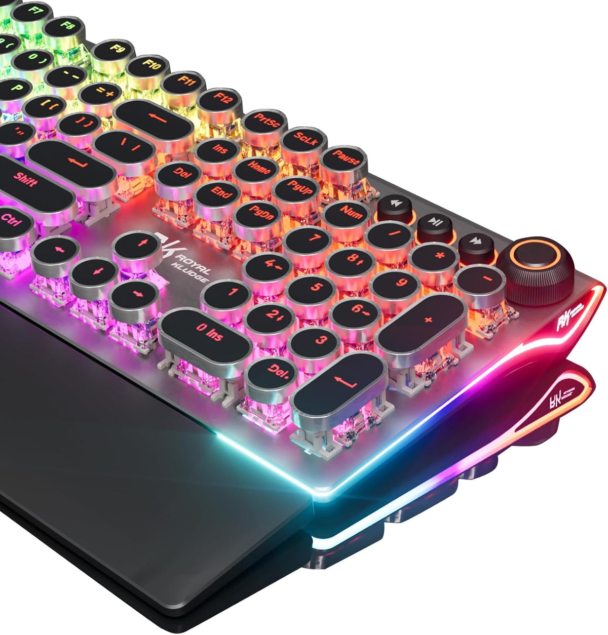 RK ROYAL KLUDGE Teclado de máquina de escribir X108 con perilla, teclado mecánico para juegos con cable, luz lateral retroiluminada RGB, reposamuñecas desmontable, teclas redondas retro, interruptores