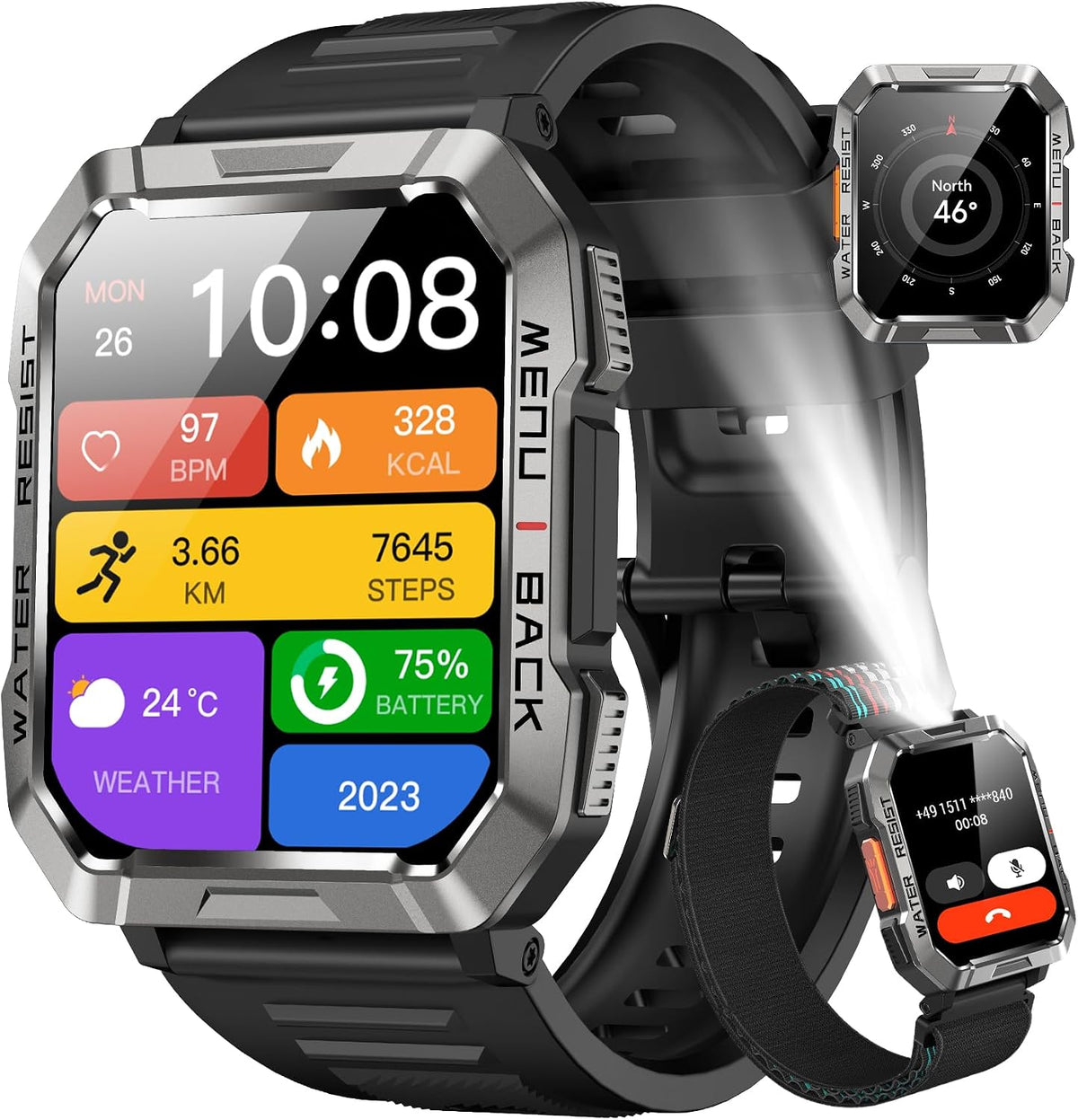 Reloj inteligente militar para hombre (respuesta/hacer llamadas), reloj inteligente deportivo al aire libre con linterna/batería de 100 días/brújula/frecuencia cardíaca/spO2/monitor de sueño/2 correas, rastreador de fitness para teléfonos iPhone/Android