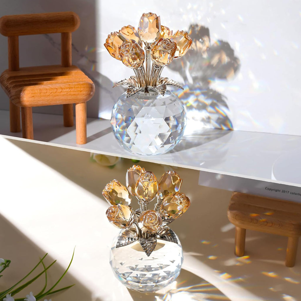 Figura de rosas doradas de cristal, ramo de rosas de cristal, decoración coleccionable, regalos para esposa, mujer, mamá en el día de la madre, día de San Valentín, aniversario de boda