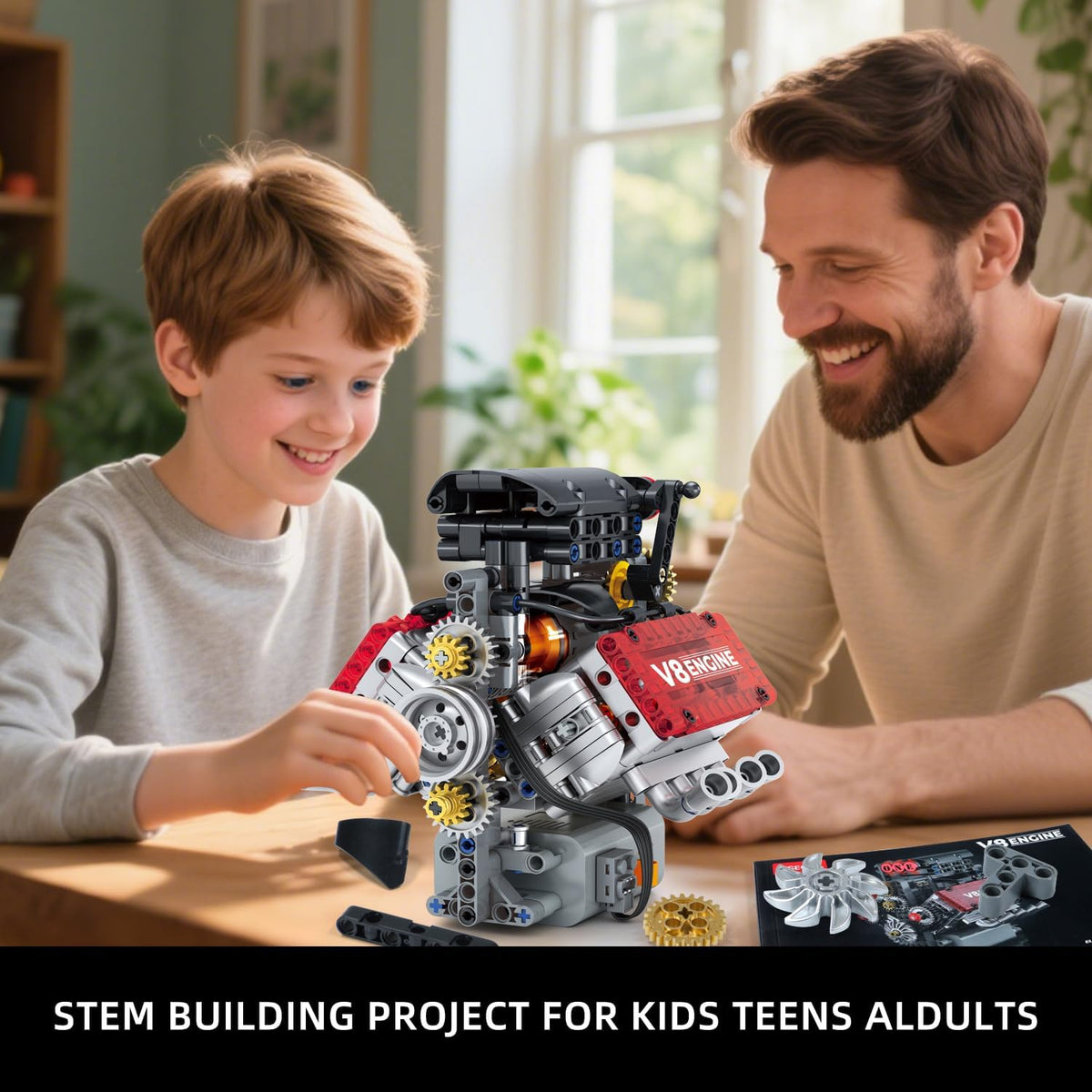 Juego de construcción de motor V8, kit de modelo de motor V8 que funciona, construye tu propio kit de motor STEM Mini V8 con batería y motor, motor de automóvil de 8 cilindros para niños y adultos (478 piezas)