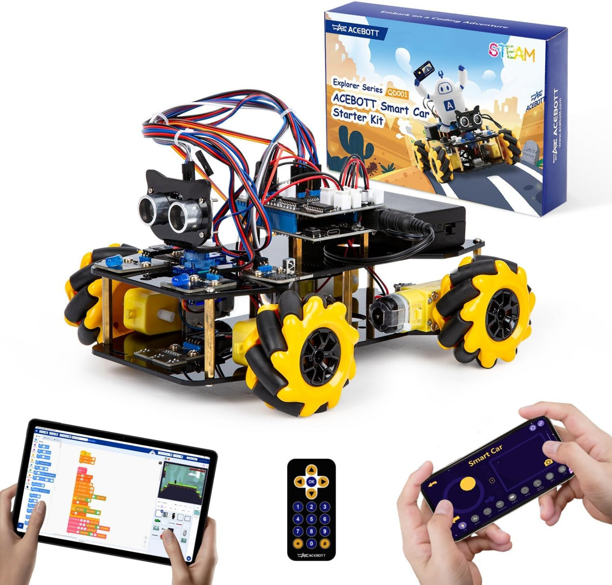 ACEBOTT Kit de robot, robótica para niños de 8 a 12 años, 12 a 16 años, juguetes STEM para niños con control remoto y aplicación, compatible con Arduino y arañazos, kits de ciencia para niños de 8 a 12 a 16 años, para niños y niñas (amarillo)