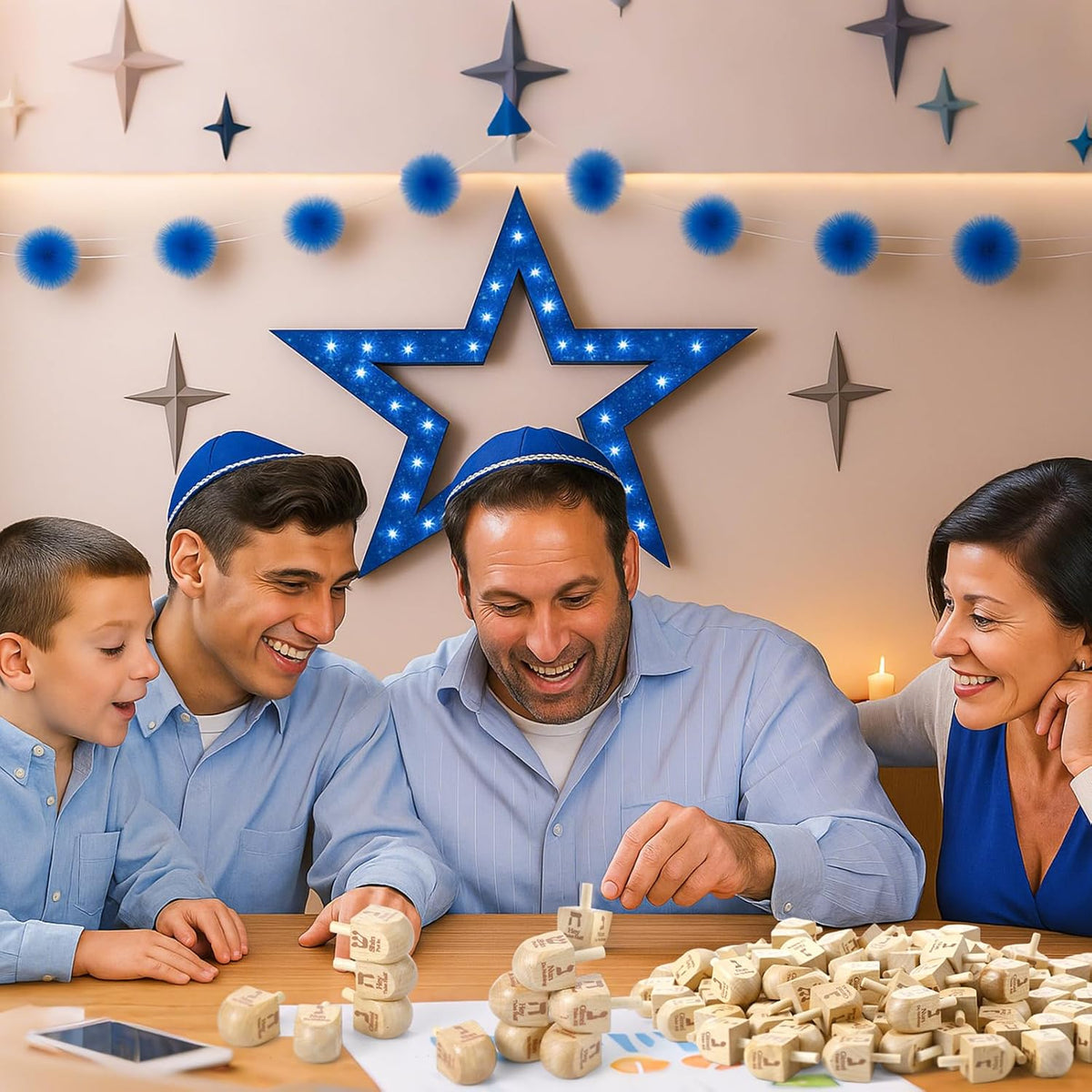 Wettarn 100 piezas de Dreidels de Hanukkah a granel Dreidels de madera de Hanukkah con tarjetas de instrucciones de juego para juego de fiesta (Tamaño 1, estilo básico)