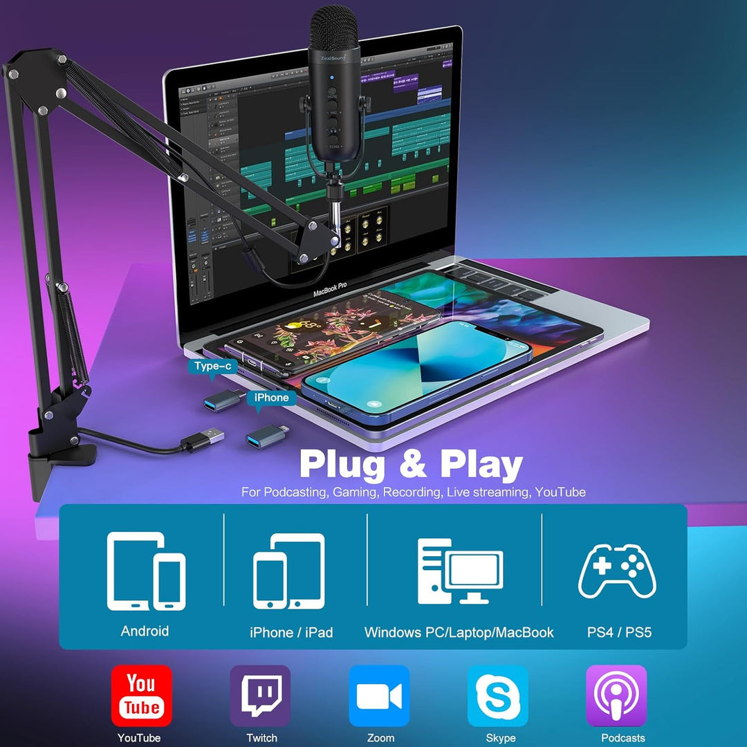 ZealSound Micrófono de podcast con brazo de brazo, micrófono USB co...