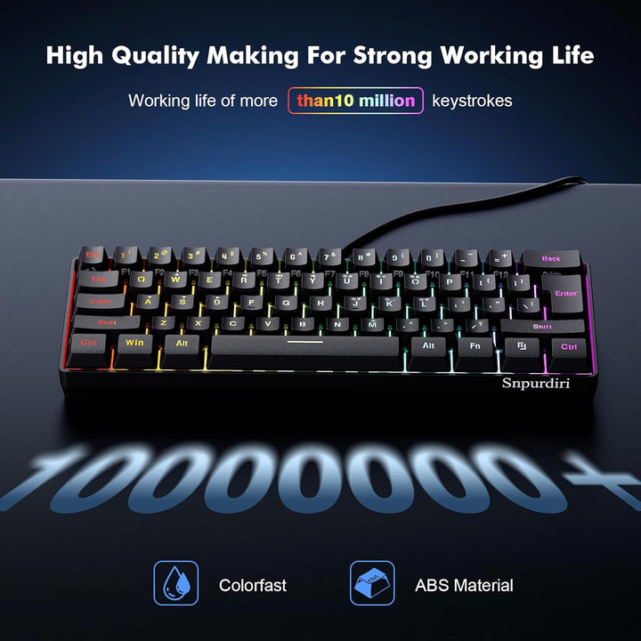 Snpurdiri Teclado para juegos 60% con cable, mini teclado ultracomp...