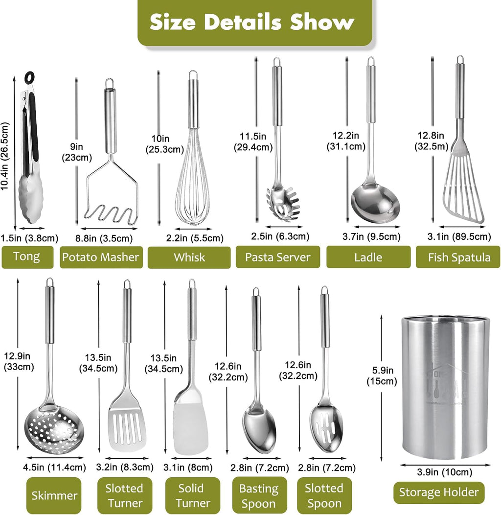 Juego de utensilios de cocina de acero inoxidable – Juego de utensilios de cocina de 12 piezas con soporte, juego de herramientas de cocina resistentes al calor para cocinar con volteadores