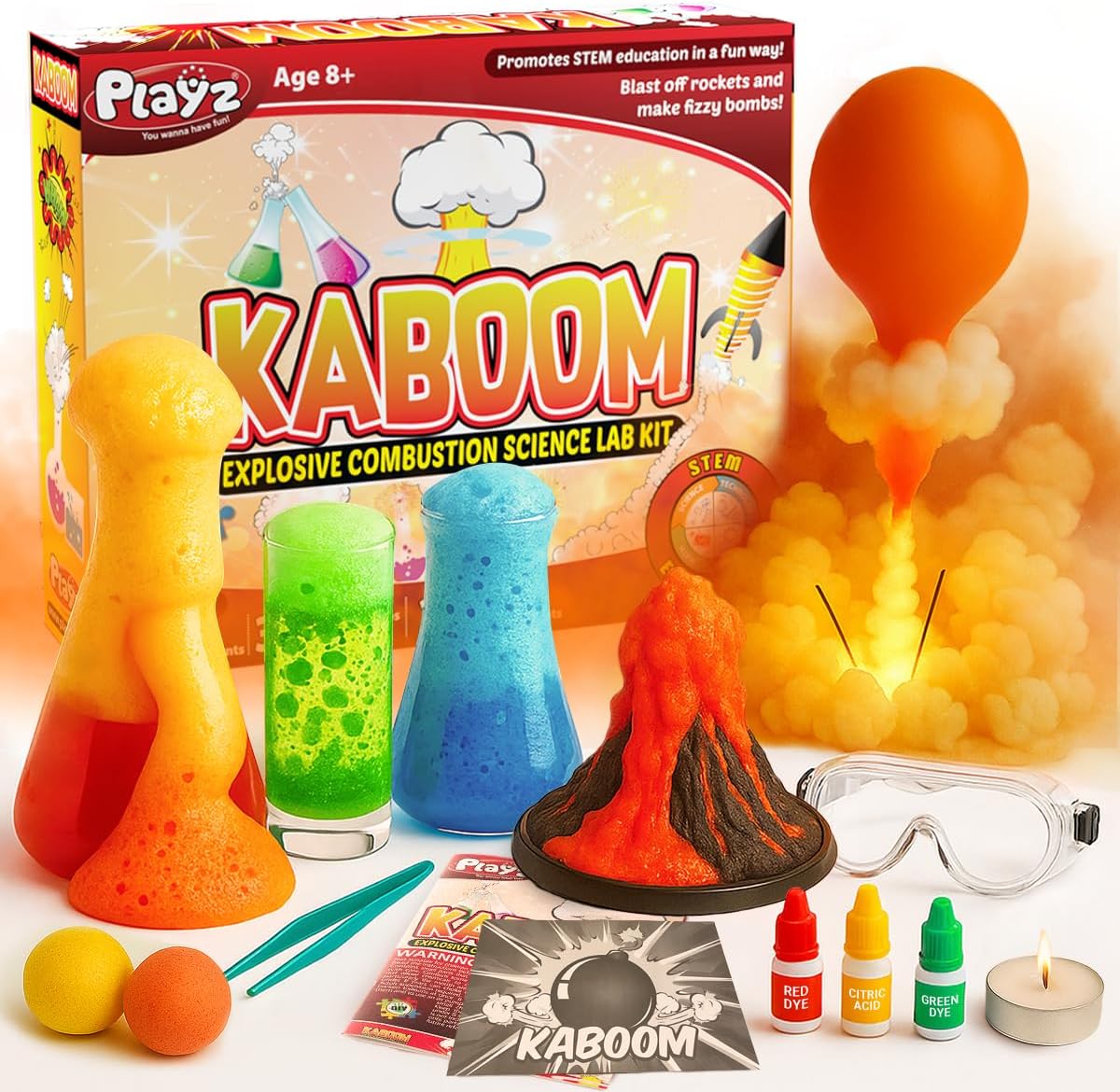 Playz Kaboom! Kit de más de 50 experimentos científicos explosivos para niños de 8 a 12 años con 25 experimentos de fichas de Playz Lab - Set de química STEM, juguetes educativos y regalos de
