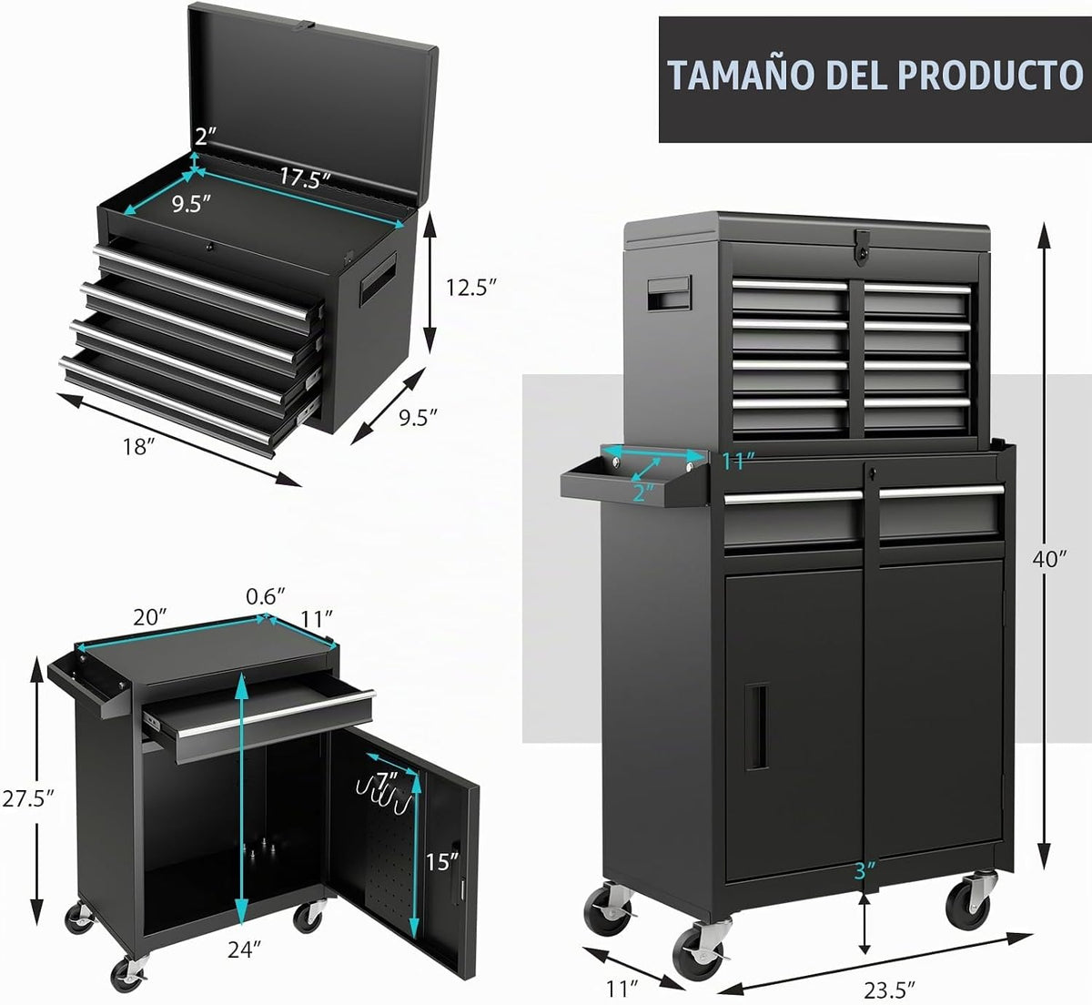 Goplus Baúl de herramientas, gabinete de almacenamiento de herramientas con 5 cajones y ruedas, con parte superior desmontable, caja de herramientas, forro, ruedas universales bloqueables, estante