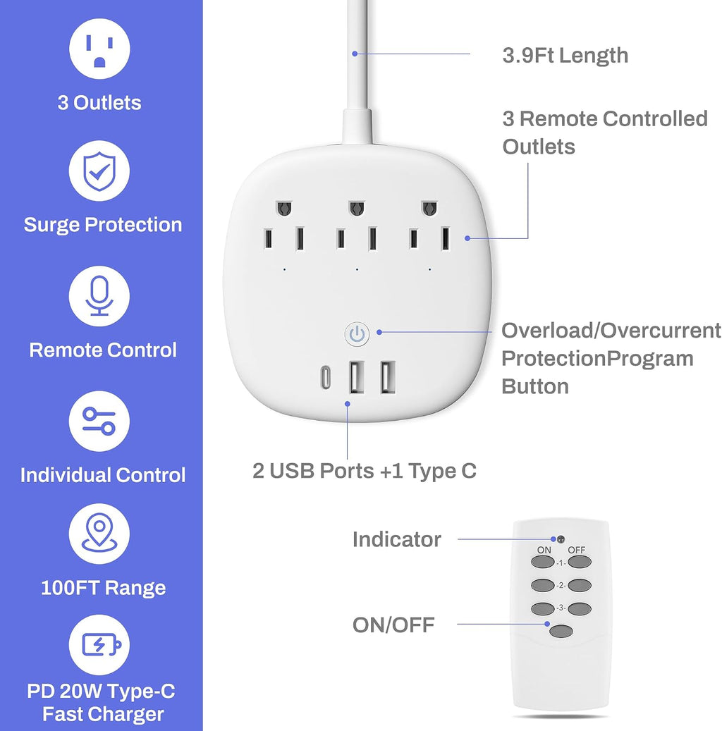 BN-LINK Regleta de control remoto con 3 tomacorrientes independientes, 3