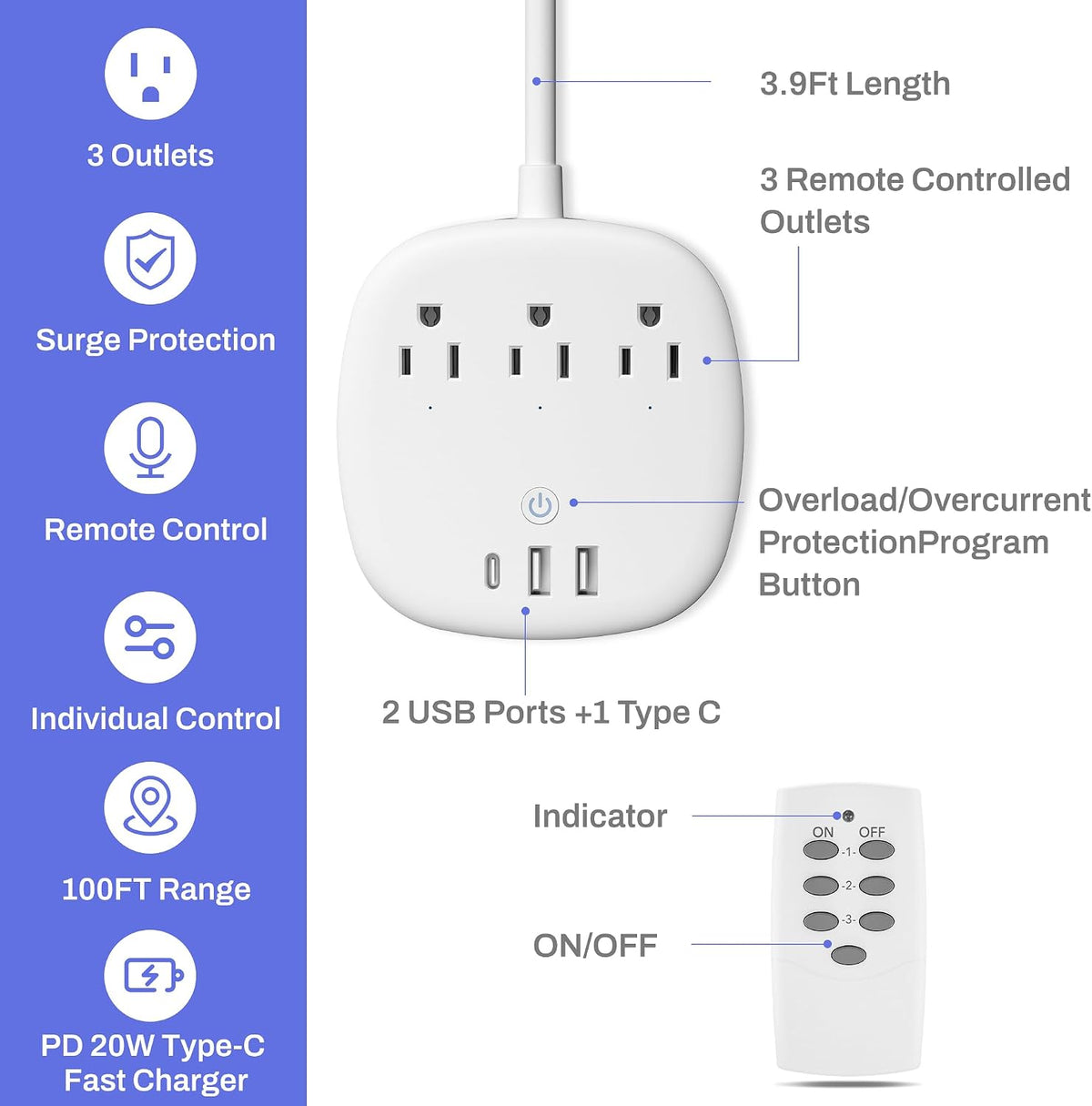 BN-LINK Regleta de control remoto con 3 tomacorrientes independientes, 3