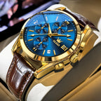 OLEVS Reloj de vestir de cuero para hombre, casual, cuarzo, marrón, pulsera, con fecha