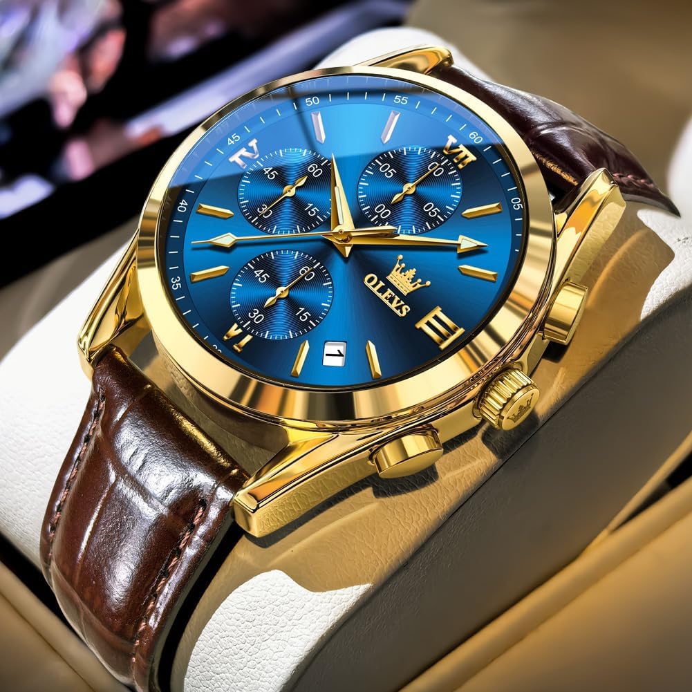 OLEVS Reloj de vestir de cuero para hombre, casual, cuarzo, marrón, pulsera, con fecha