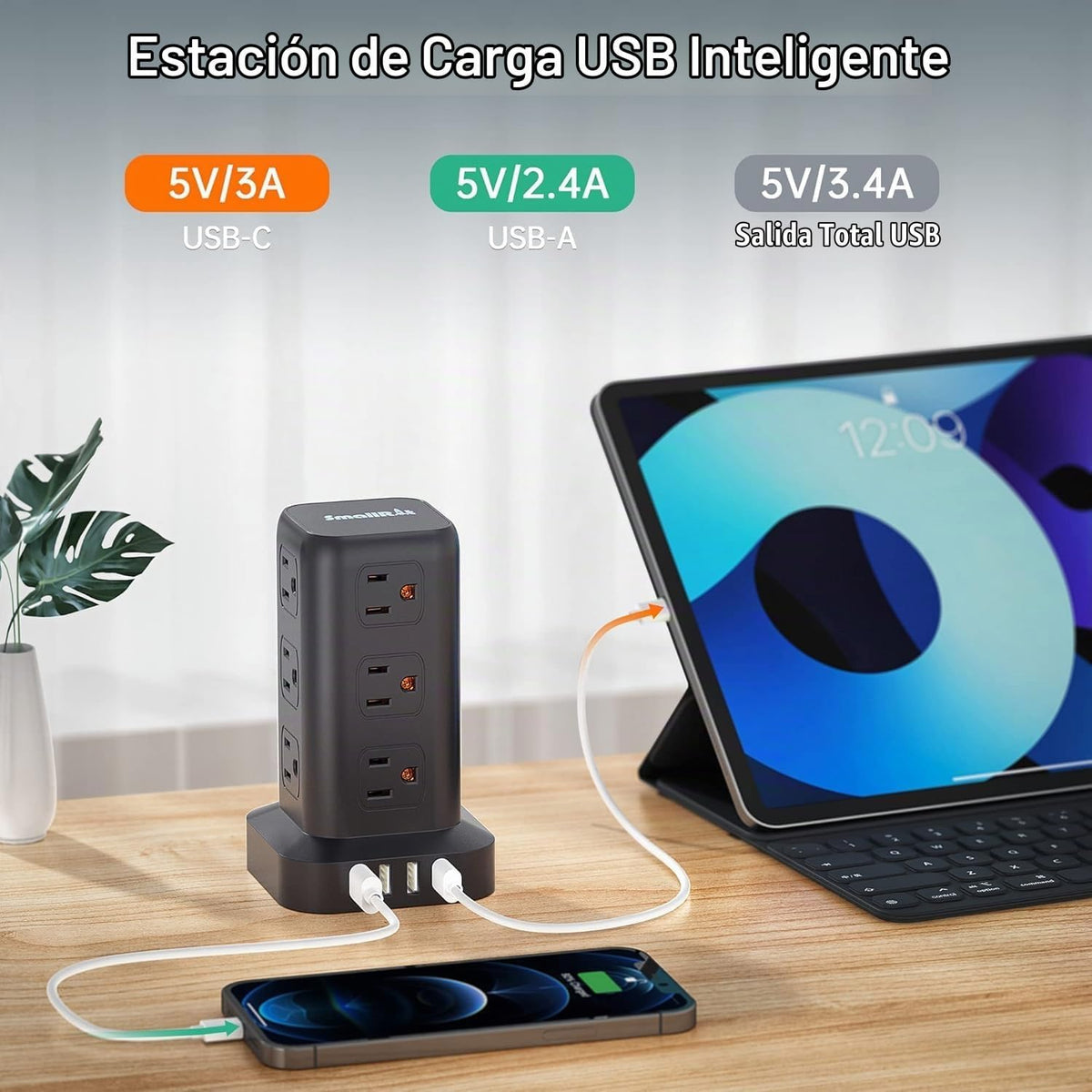 SMALLRT - 2 cables de extensión con múltiples tomas, torre de regleta de alimentación SMALLRT, extensor de salida con 12 salidas de CA, 4 USB, cable de extensión de 6.5 pies para hogar, oficina, dormitorio, protección contra sobrecarga