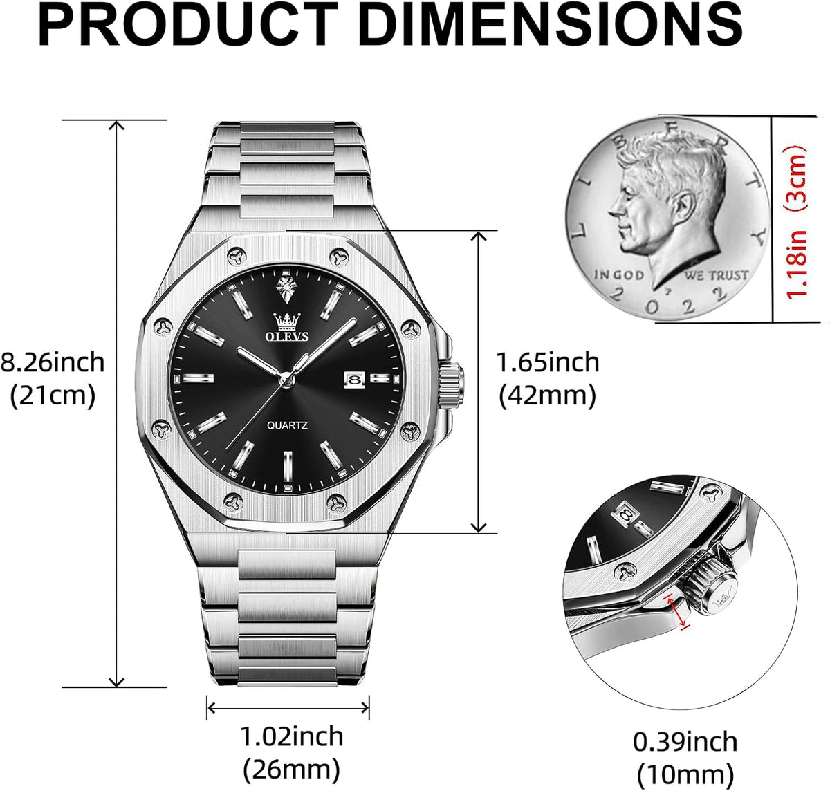 OLEVS Relojes para hombres de lujo octagonales en acero inoxidable de pulsera: reloj analógico de cuarzo de cara grande luminosa