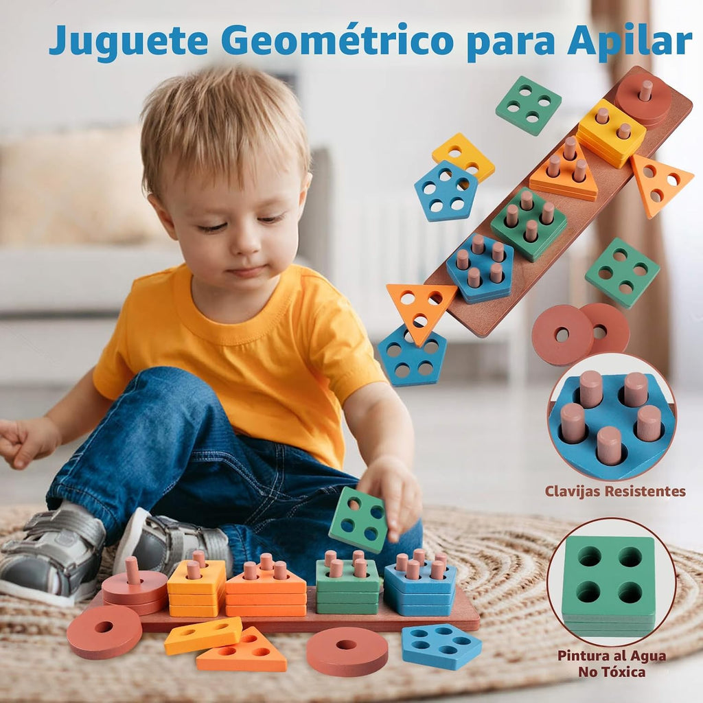 Juguetes Montessori para bebés pequeños, juego de apilamiento de madera 6 en 1