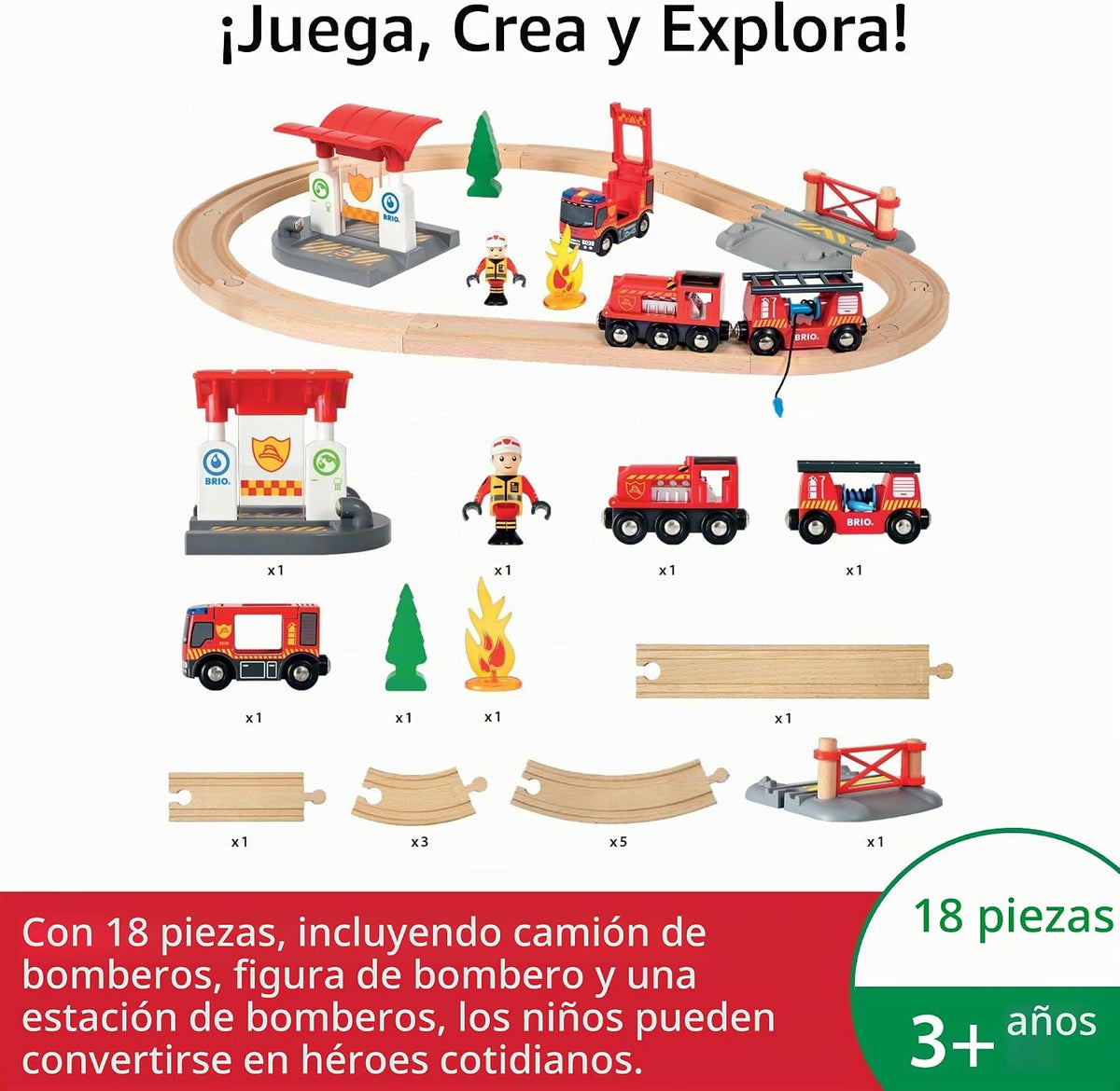BRIO World Rescue - Juego de bomberos de 18 piezas con certificación FSC y accesorios, motor de tren de bomberos con luces y sonido, pistas de madera y más, funciona con todos los juegos de trenes de madera, a partir de 3 años