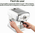 Hamilton Beach Slide & Lock - Máquina de café expreso con espumador de leche, varita de vapor para capuchino y café con leche, bomba de 15 barras y dos boquillas, depósito extraíble, compacto, diseño