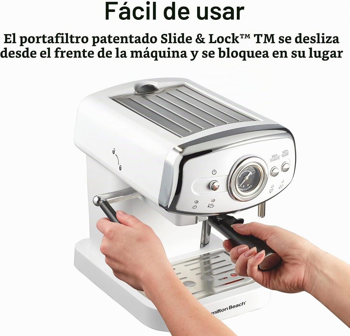 Hamilton Beach Slide & Lock - Máquina de café expreso con espumador de leche, varita de vapor para capuchino y café con leche, bomba de 15 barras y dos boquillas, depósito extraíble, compacto, diseño