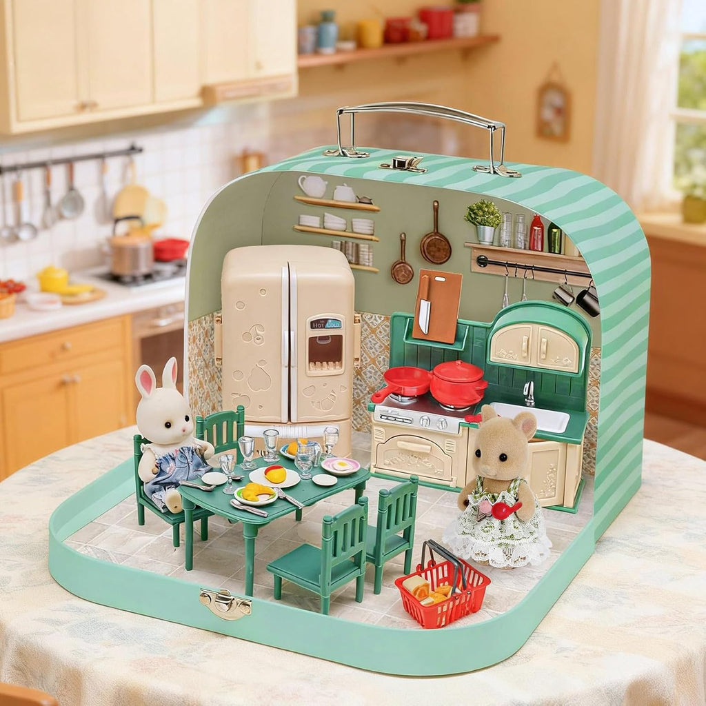 Juego de maletas de muebles de cocina para niños, 2 muñecas flexibles, mesa de comedor, utensilios de cocina, vajilla, refrigerador, pan, accesorios de casa de muñecas para juegos de simulación, regalo de Navidad y cumpleaños para niñas a partir de 3 años
