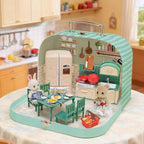 Juego de maletas de muebles de cocina para niños, 2 muñecas flexibles, mesa de comedor, utensilios de cocina, vajilla, refrigerador, pan, accesorios de casa de muñecas para juegos de simulación, regalo de Navidad y cumpleaños para niñas a partir de 3 años