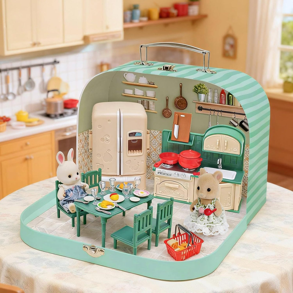 Juego de maletas de muebles de cocina para niños, 2 muñecas flexibles, mesa de comedor, utensilios de cocina, vajilla, refrigerador, pan, accesorios de casa de muñecas para juegos de simulación, regalo de Navidad y cumpleaños para niñas a partir de 3 años