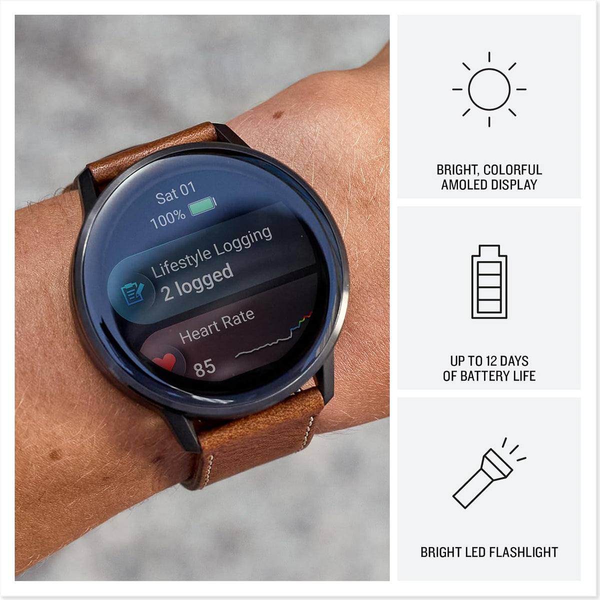 Garmin Venu® 4, Smartwatch avanzado para fitness, 45 mm, correa de cuero marrón