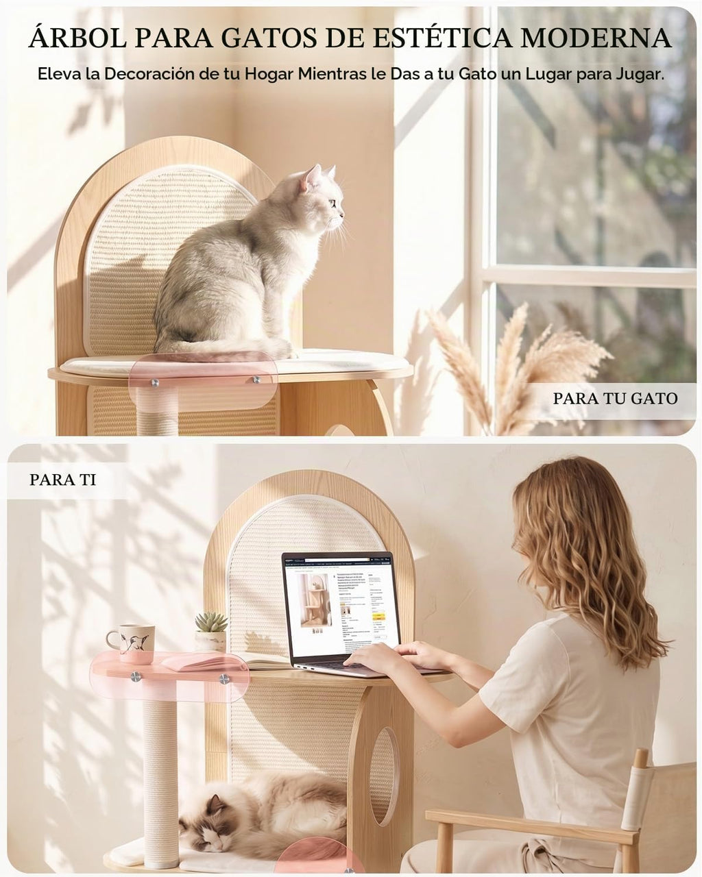 Árbol para Gatos de 47", Torre Moderna para Gatos Grandes, Respaldo de Sisal